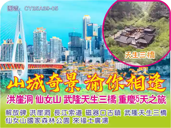 [CY25A39-05]重慶 仙女山森林公園.天生三橋 洪崖洞魔幻夜景 長江索道 李子壩輕軌穿樓高鐵5天團 線路宣傳圖片