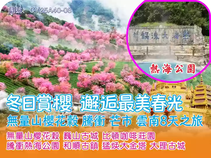 [CY25A40-08]雲南無量山櫻花穀 騰沖熱海公園 芒市和順古鎮8天高鐵團 